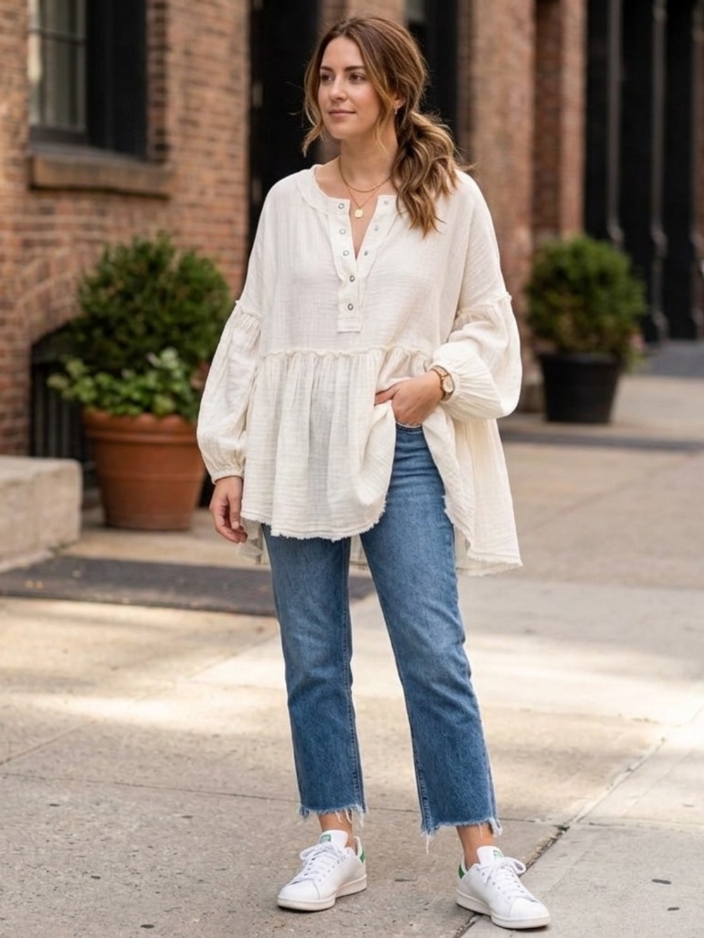 Free People We The Free Skye Top White Gauze Henley Peplum Top Size Medium